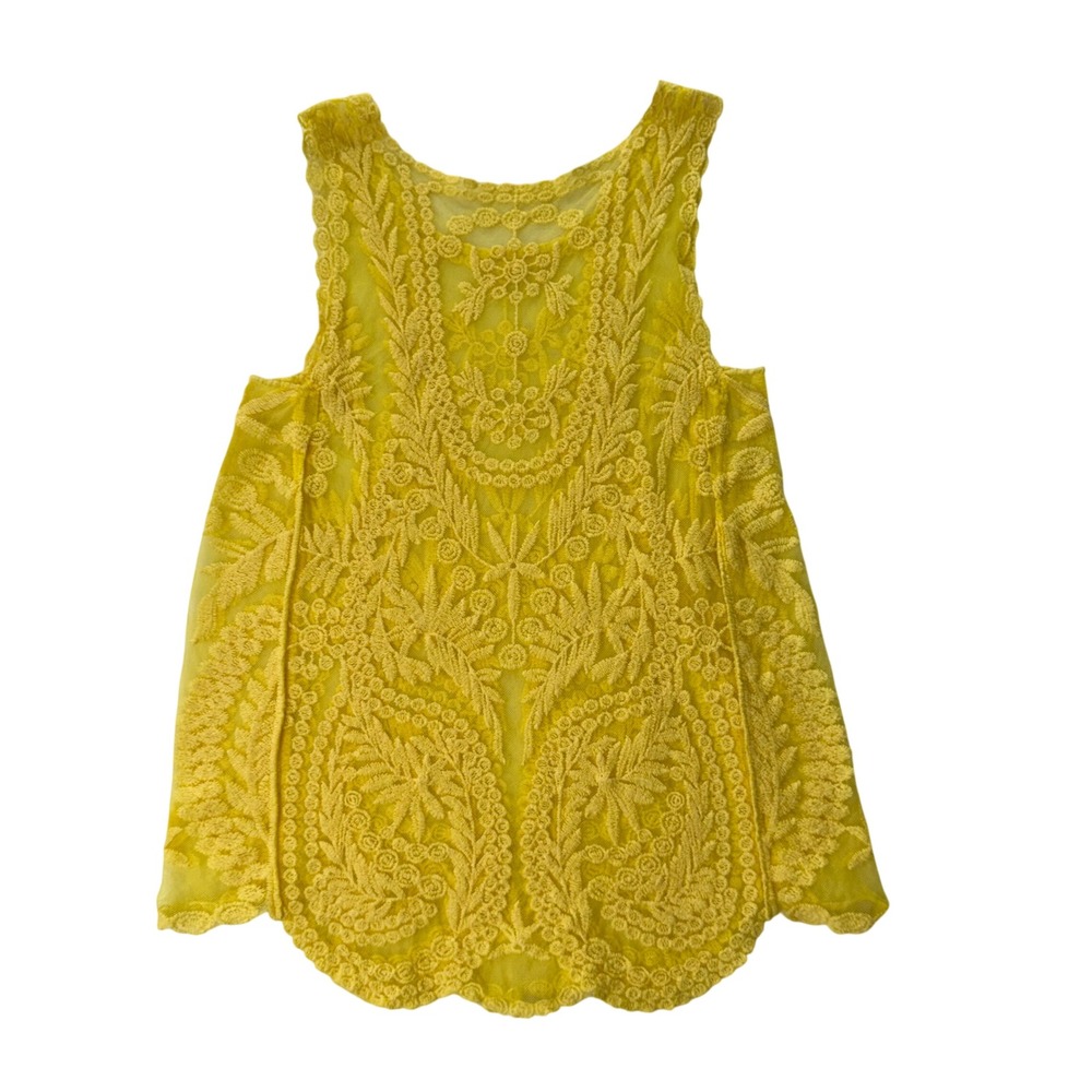 Yellow Floral Lace Mesh Sleeveless Boho Scalloped‎ Top Camisole Cottagecore